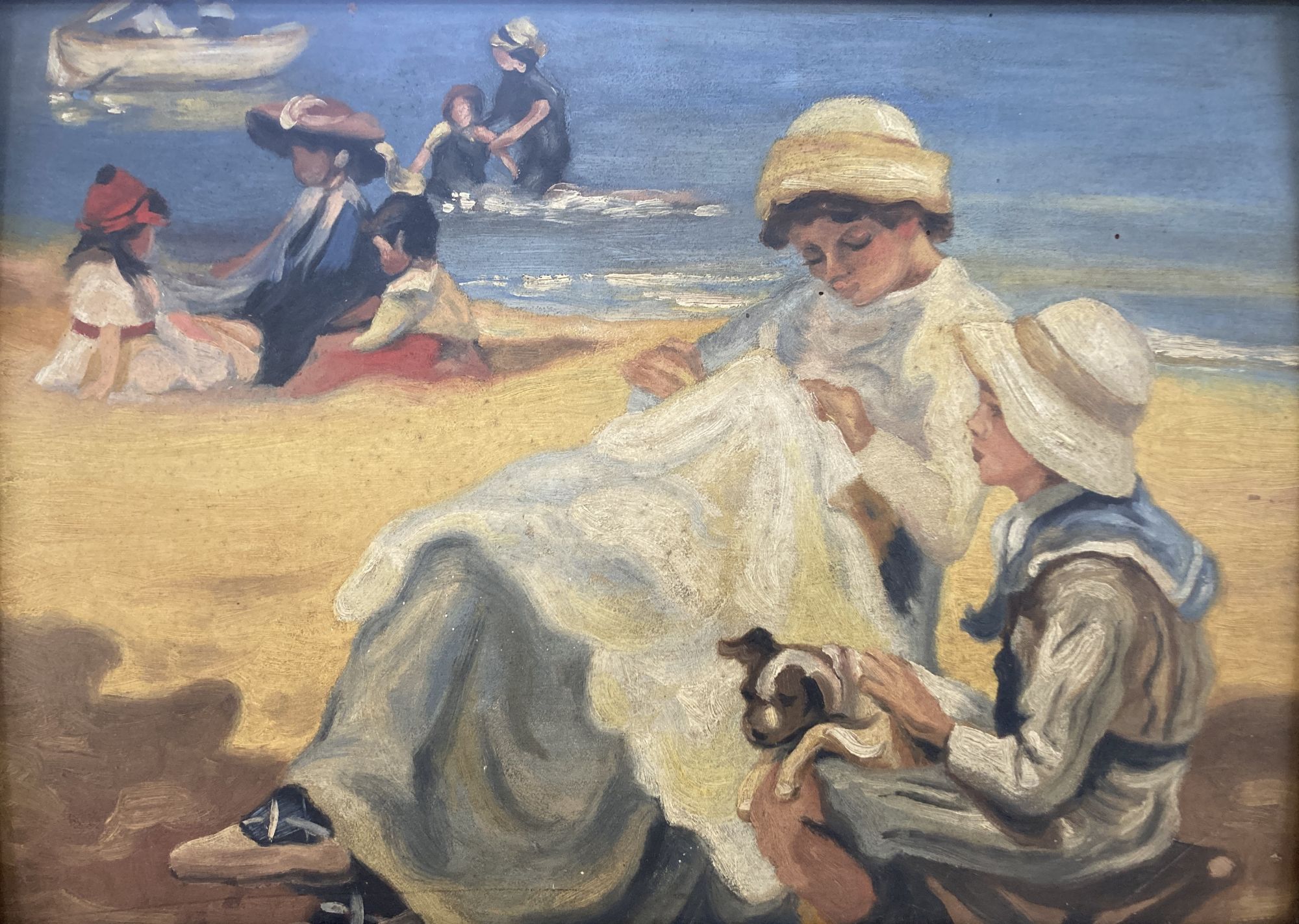 Spanish School, oil on wooden panel, Figures on a beach, 24 x 34cm